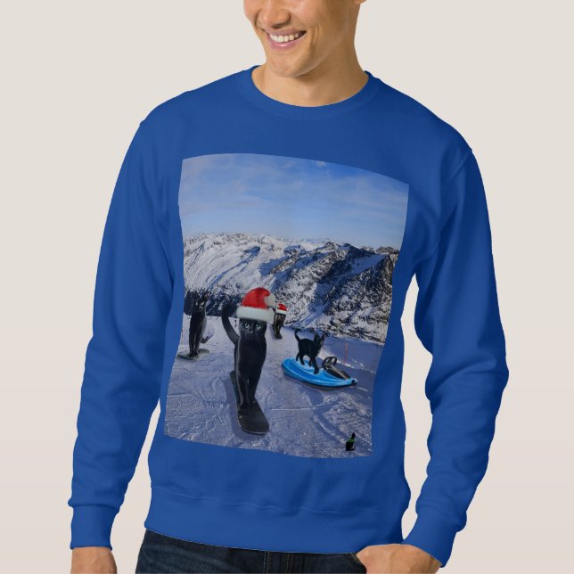 Schwarze Katzen Snowboarden zu Weihnachten Sweatshirt (Vorderseite)