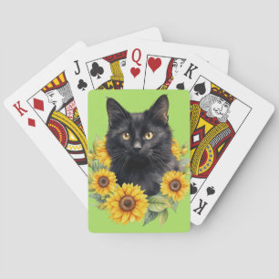 Schwarze Katzen Sonnenblumen Limettengrün Spielkarten