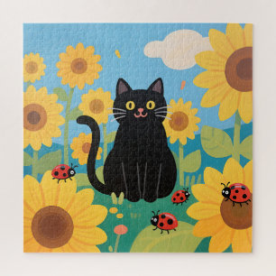 Schwarze Katzen Sonnenblumen Marienkäfer Puzzle