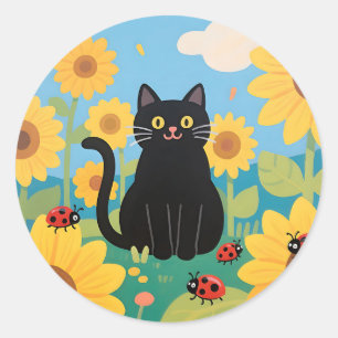 Schwarze Katzen Sonnenblumen Marienkäfer Runder Aufkleber