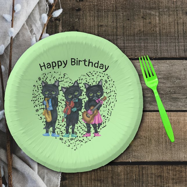 Schwarze Katzen spielen Musik Grünes Herz Musikali Pappteller (Musical black cats playing instruments on heart shaped music notes on green Birthday paper bowls.)