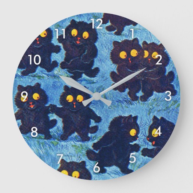 Schwarze Katzen tanzen im Mondlicht, Louis Wain Große Wanduhr (Vorderseite)