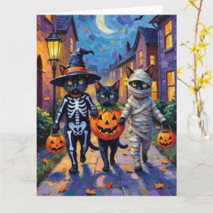 Schwarze Katzen Trick-or-Treating in Halloween-Kos Karte