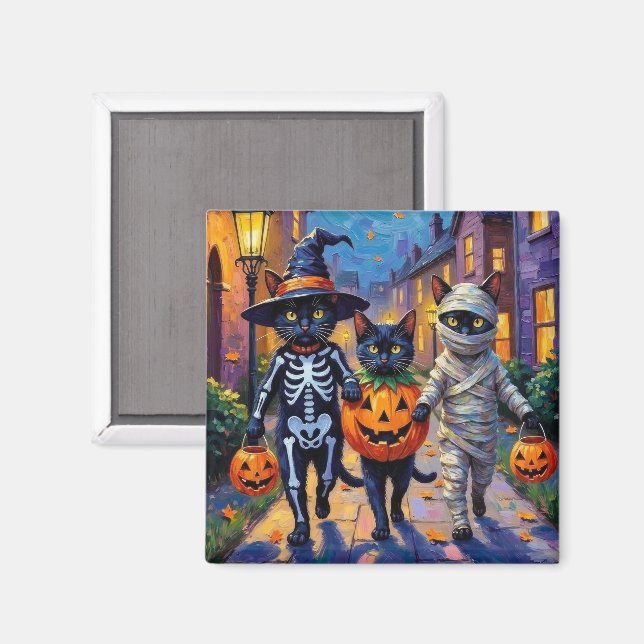 Schwarze Katzen Trick-or-Treating in Halloween-Kos Magnet (Vorderseite/Rückseite)