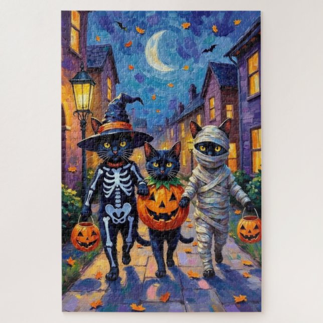 Schwarze Katzen Trick-or-Treating in Halloween-Kos Puzzle (Vertikal)