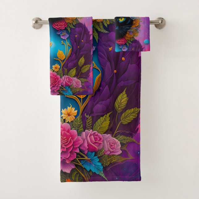 Schwarze Katzen, umgeben von Blume Badhandtuch Set (Insitu)