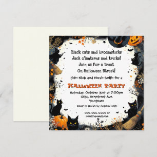 Schwarze Katzen und Besenstiele Halloween-Party Einladung