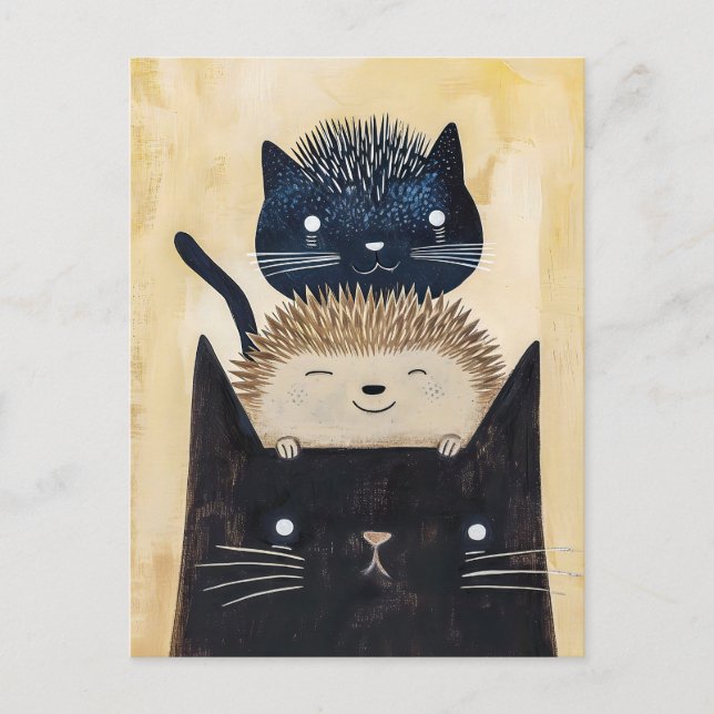Schwarze Katzen und Igel Postkarte (Vorderseite)