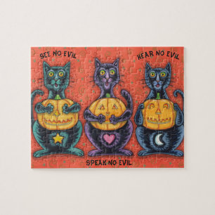 SCHWARZE KATZEN UND JACKS SEHEN KEIN BÖSES HALLOWE PUZZLE