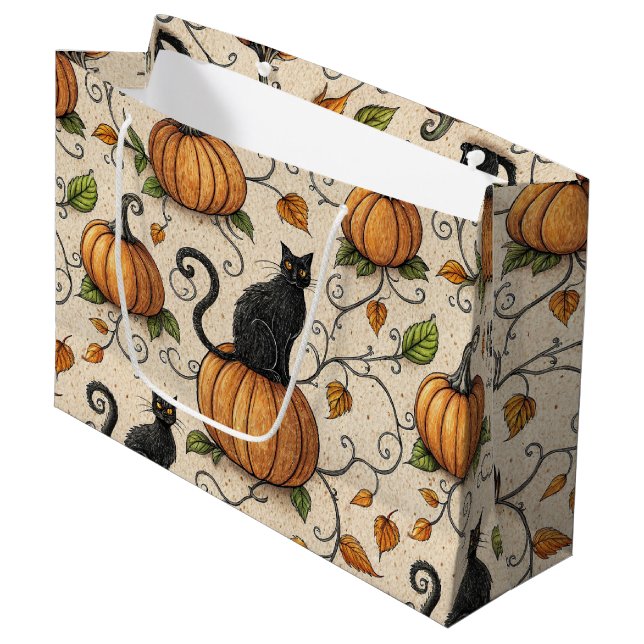 Schwarze Katzen und Kürbis Halloween-Muster Große Geschenktüte (Vorderseite Schrägansicht)