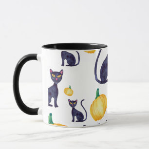 Schwarze Katzen und Orangenpumpen zu Halloween Tasse