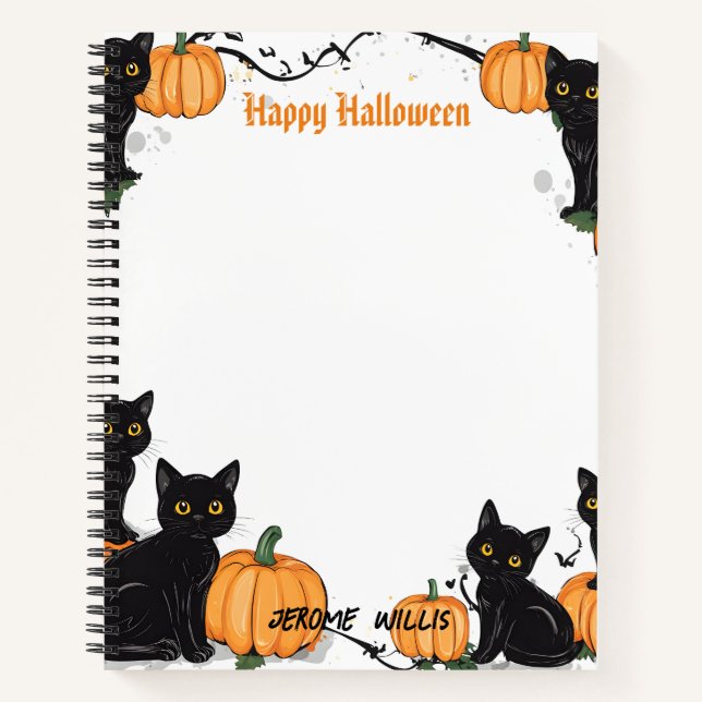 Schwarze Katzen und Pumpkin Happy Halloween Notizbuch (Vorderseite)