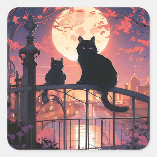 Schwarze Katzen und Vollmond Quadratischer Aufkleber