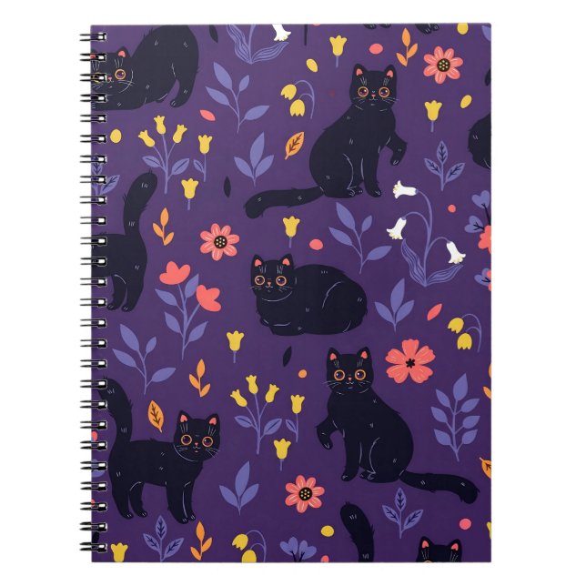 Schwarze Katzen und Wildblumen-Muster Notizblock (Vorderseite)