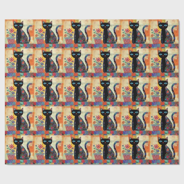 Schwarze Katzen-Volks kunst Geschenkpapier (Flach)