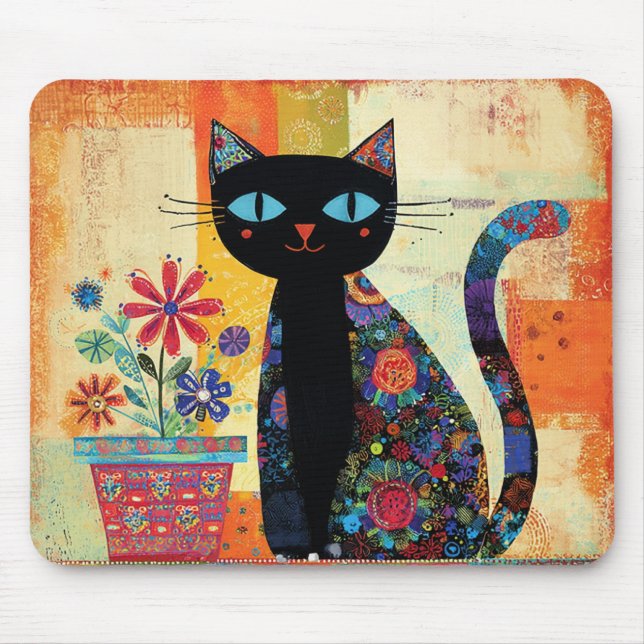 Schwarze Katzen-Volks kunst Mousepad (Vorne)