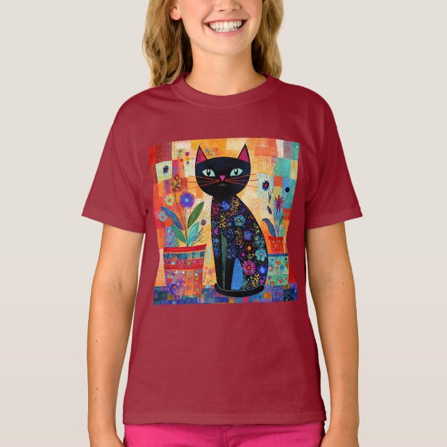 Schwarze Katzen-Volks kunst T-Shirt (Vorderseite)