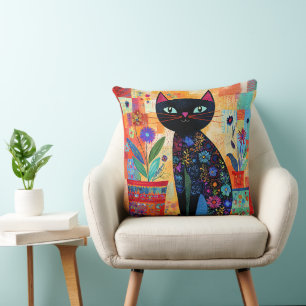 Schwarze Katzen-Volks kunst (Topfpflanzen) Kissen