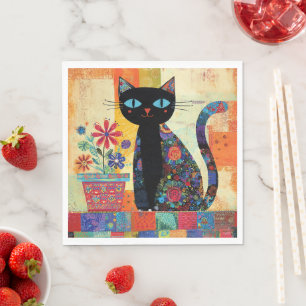 Schwarze Katzen Volkskunst Serviette