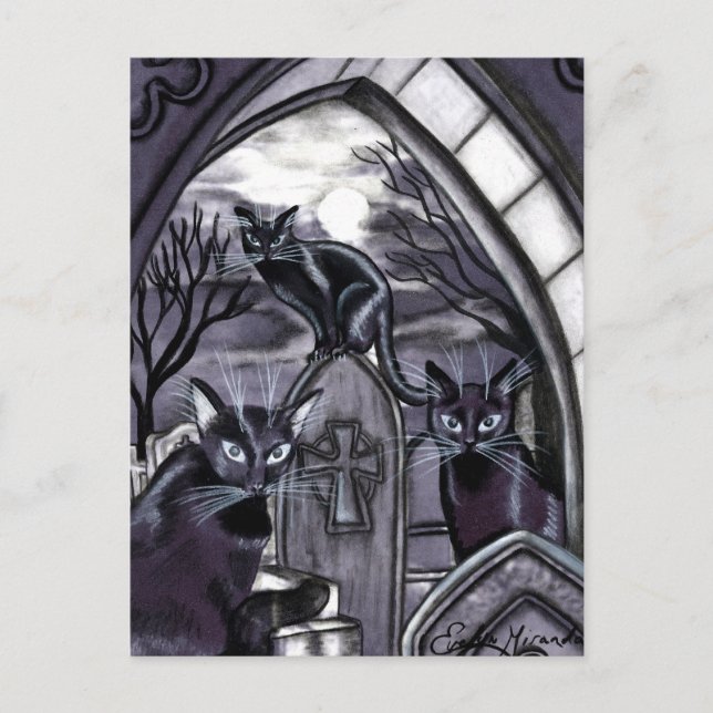 Schwarze Katzen Vollmond Friedhof Postkarte (Vorderseite)