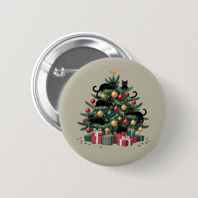 Schwarze Katzen Weihnachtsbaum Katze Lover Xmas Li Button (Vorne & Hinten)