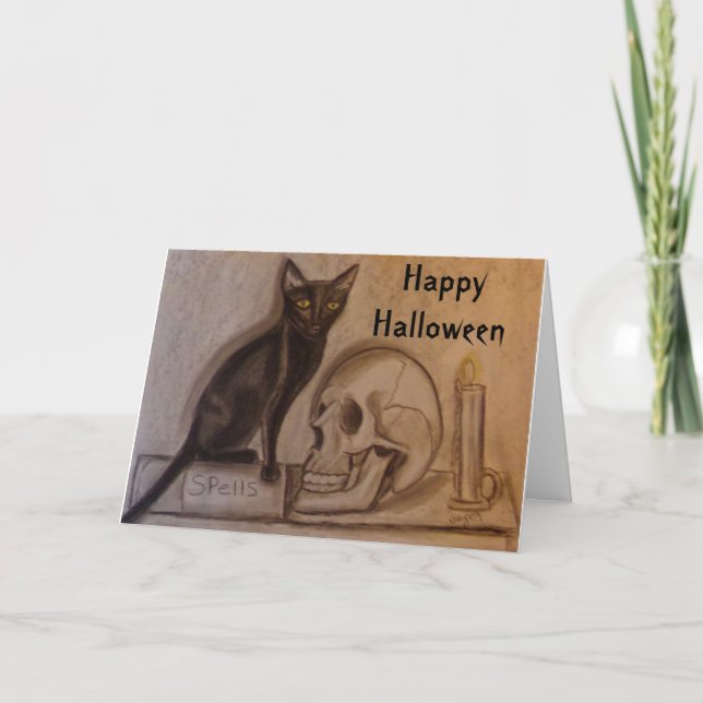 Schwarze Katzen-Zauber - Halloween - Karte (Vorderseite)