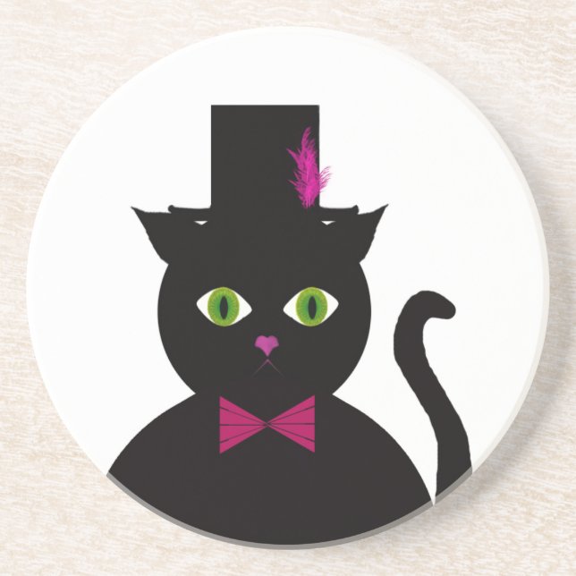 Schwarze Katzen-Zylinder-Rosa-Bogen Getränkeuntersetzer (Vorne)