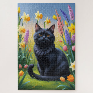 Schwarze Katzenfederblumenmalerei Puzzle
