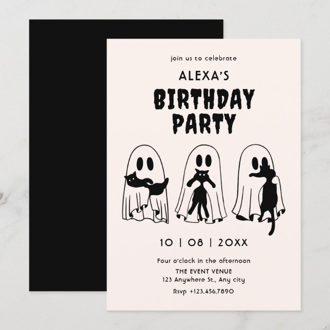 schwarze Katzengeist-Geburtstag  Einladung (Vorne/Hinten)