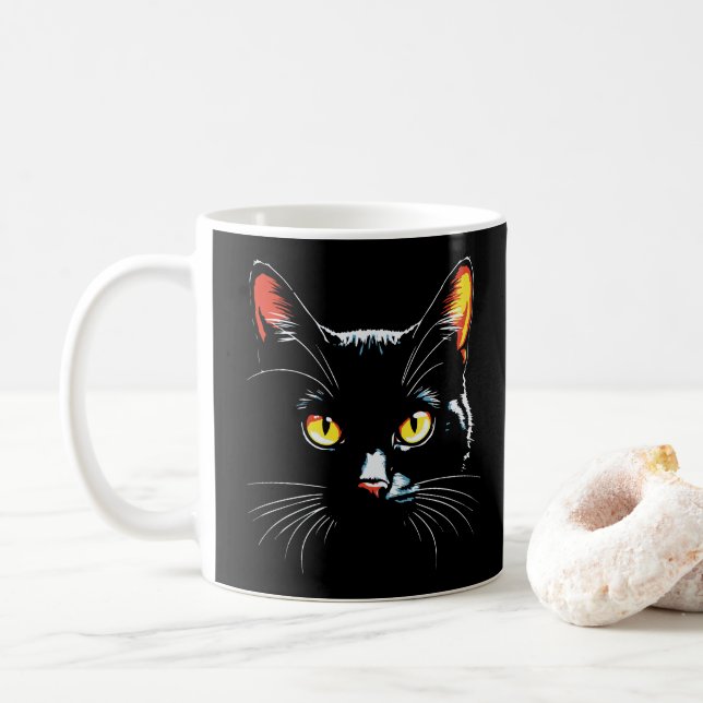 Schwarze Katzengesicht Kaffeetasse (Mit Donut)