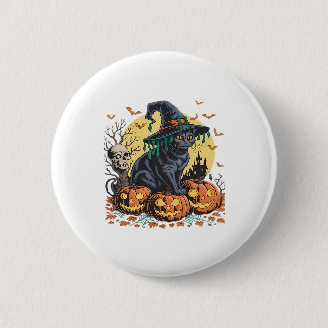 Schwarze Katzenhexe Gruseliger Halloween-Kürbis Ov Button (Vorderseite)