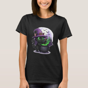 Schwarze Katzenhexe mit Kessel und Mond T-Shirt