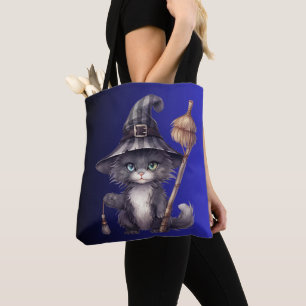 Schwarze Katzenhexenhut Besen Blau Ombre Halloween