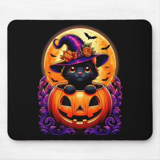 Schwarze Katzenhexenhut-Kürbis Lustiger Halloween- Mousepad (Vorne)