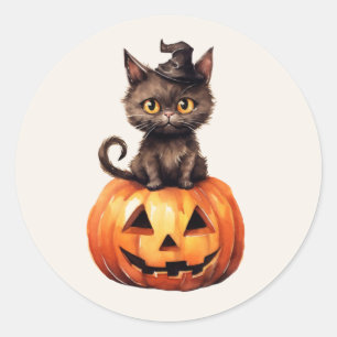 Schwarze Katzenhexenhut Orange Jack O Lantern Kürb Runder Aufkleber
