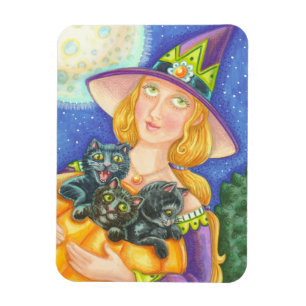 SCHWARZE KATZENKÄTZCHEN & HEXE, HALLOWEEN-MAGNET MAGNET