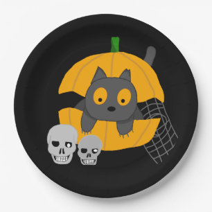 Schwarze Katzenkürbis Skulls Kids Halloween Pappteller