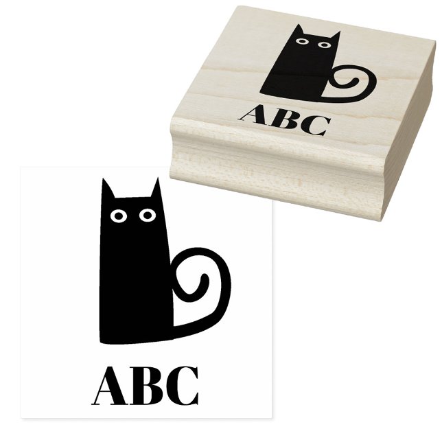 Schwarze Katzenmonogramm Gummistempel (Fun black cat monogram initials personalized rubber stamp)
