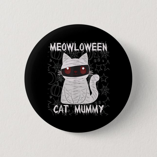 Schwarze Katzenmumie Halloween Button (Vorderseite)