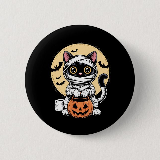 Schwarze Katzenmumie Männer Frauen Kinder Hallowee Button (Vorderseite)