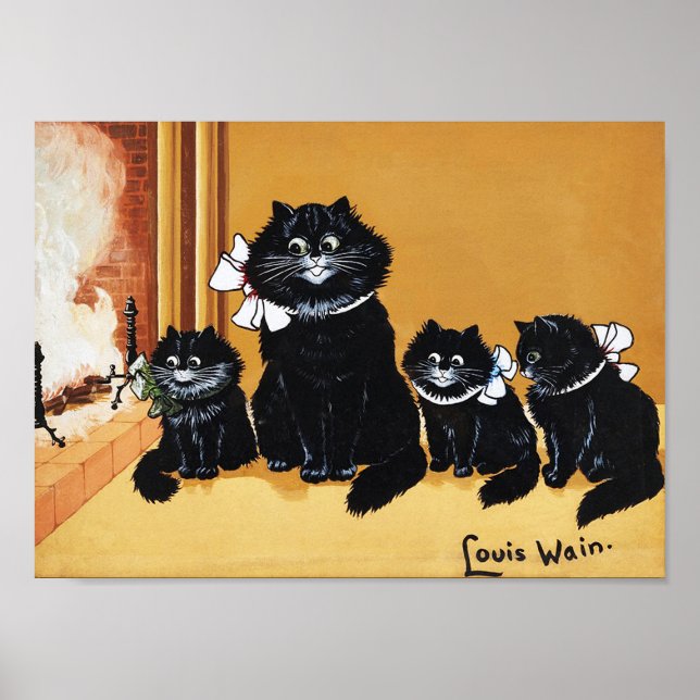 Schwarze Katzenmutter und Kind, Louis Wain Poster (Vorne)