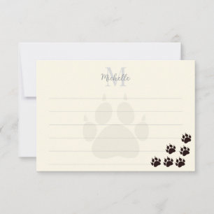 Schwarze Katzenpfotenabdrücke liniertes Monogramm Mitteilungskarte