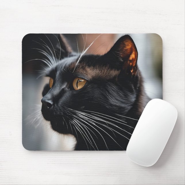 Schwarze Katzenporträt Mousepad (Mit Mouse)