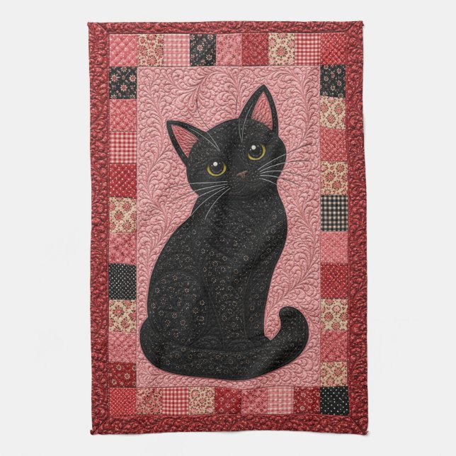 Schwarze Katzenquilt  Geschirrtuch (Vertikal)