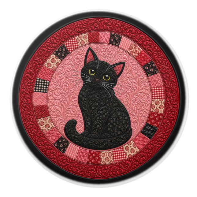 Schwarze Katzenquilt  Keramikknauf (Vorderseite)