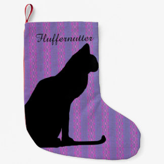 Schwarze Katzensilhouette auf lila Streifen Kleiner Weihnachtsstrumpf