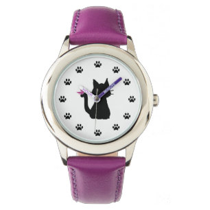 Schwarze Katzensilhouette rosa Schmetterling Armbanduhr