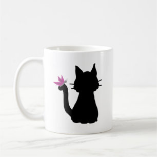 Schwarze Katzensilhouette rosa Schmetterling Tasse