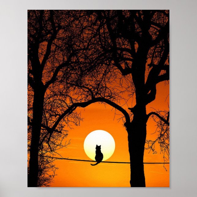 Schwarze Katzensilhouette Sonnenuntergang Poster (Vorne)