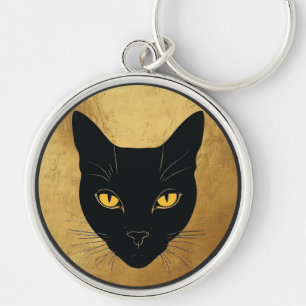 Schwarze Katzensilhouette vor einem goldenen Kreis Schlüsselanhänger